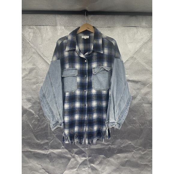 Vici Collection Dance & Marvel Blue Plaid Frayed Denim Jacket Shacket Large - Picture 8 of 9